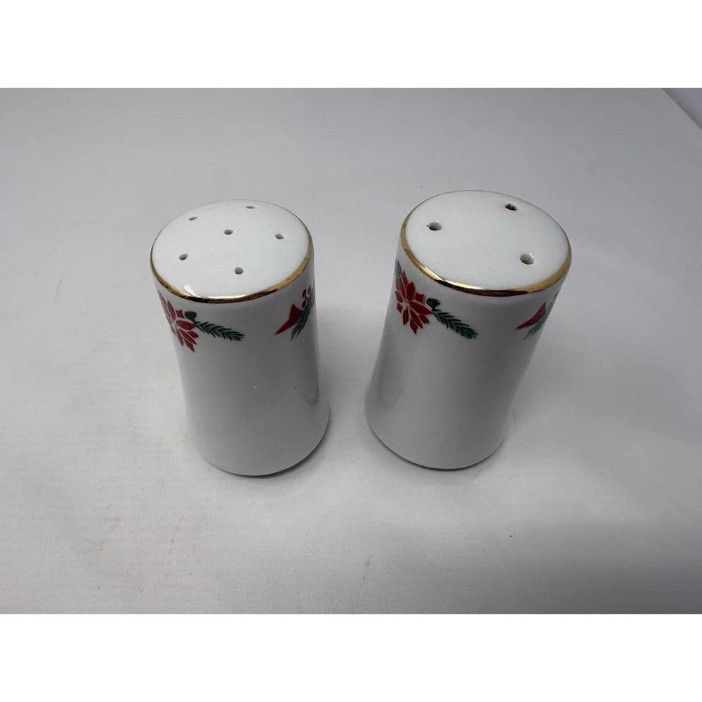 Vintage Elegant Christmas Poinsettia & Ribbons Ceramic Salt & Pepper Shakers